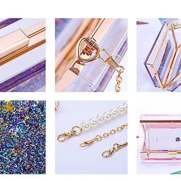 Womens Transparent Sequins Chain Clutch Evening Handbag Party Cross-body Purse S - Picture 6 of 7